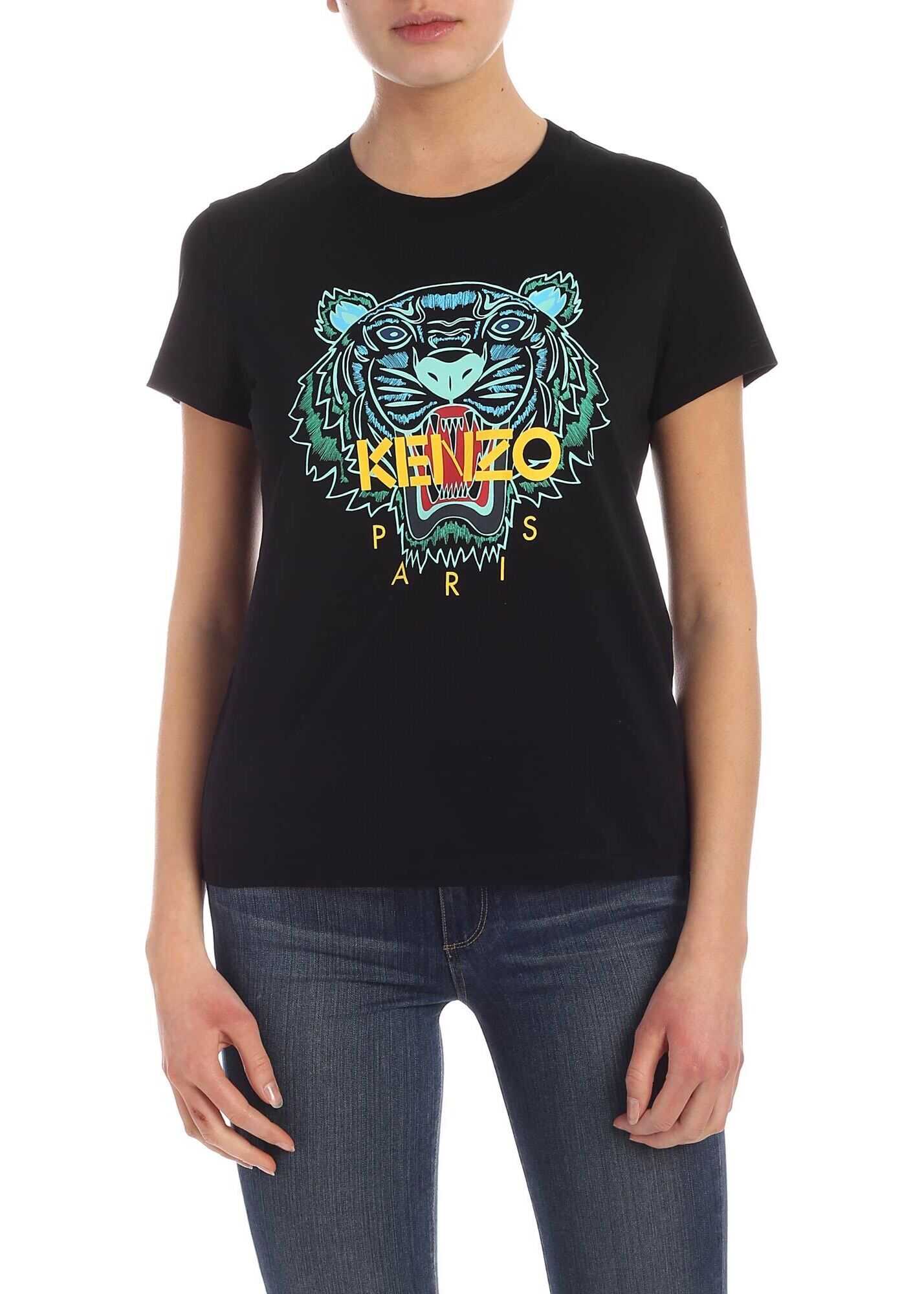 Kenzo Tiger Print Black T-Shirt In Light Blue And Green Black