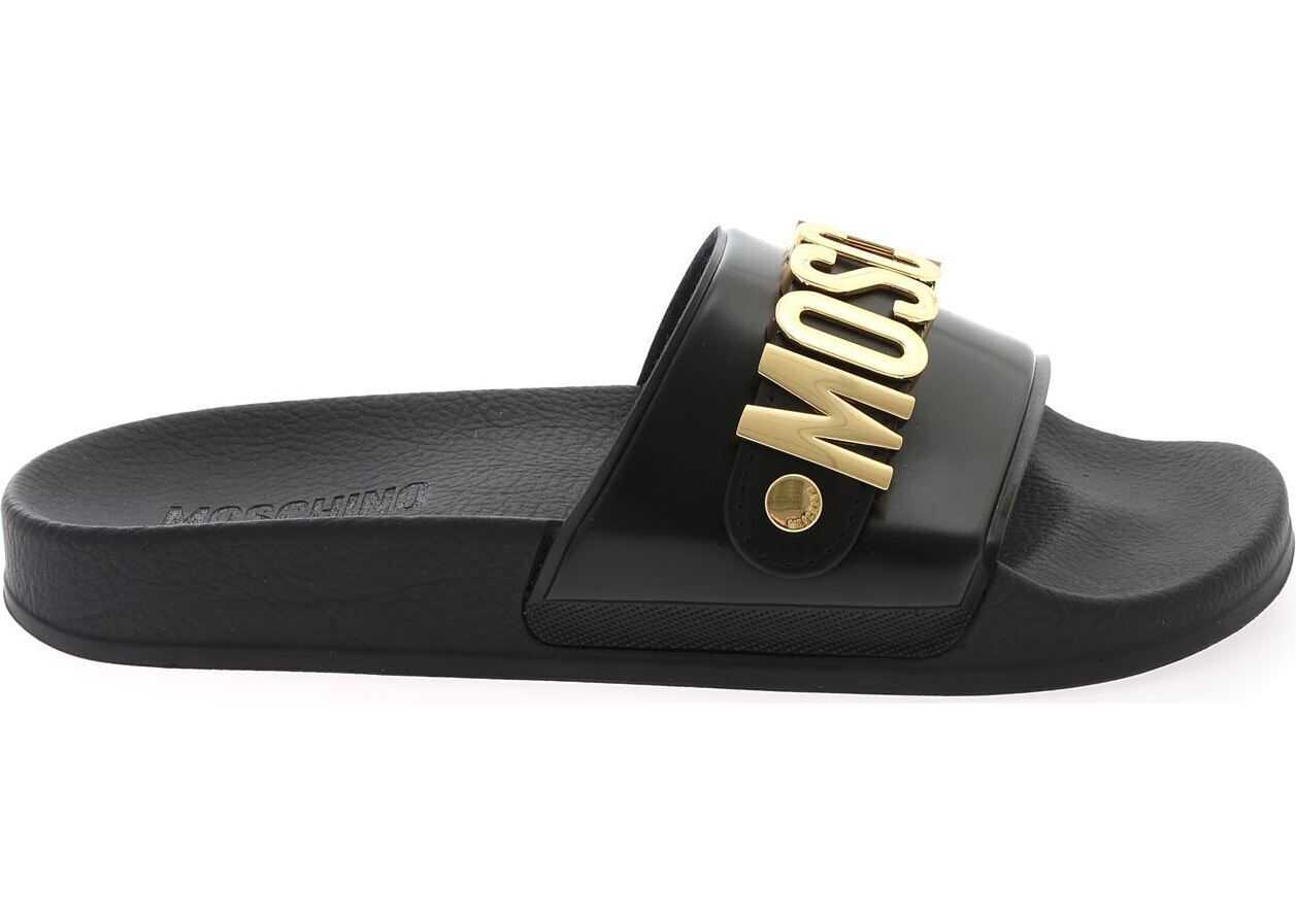 Moschino Gold Logo Slippers In Black Black