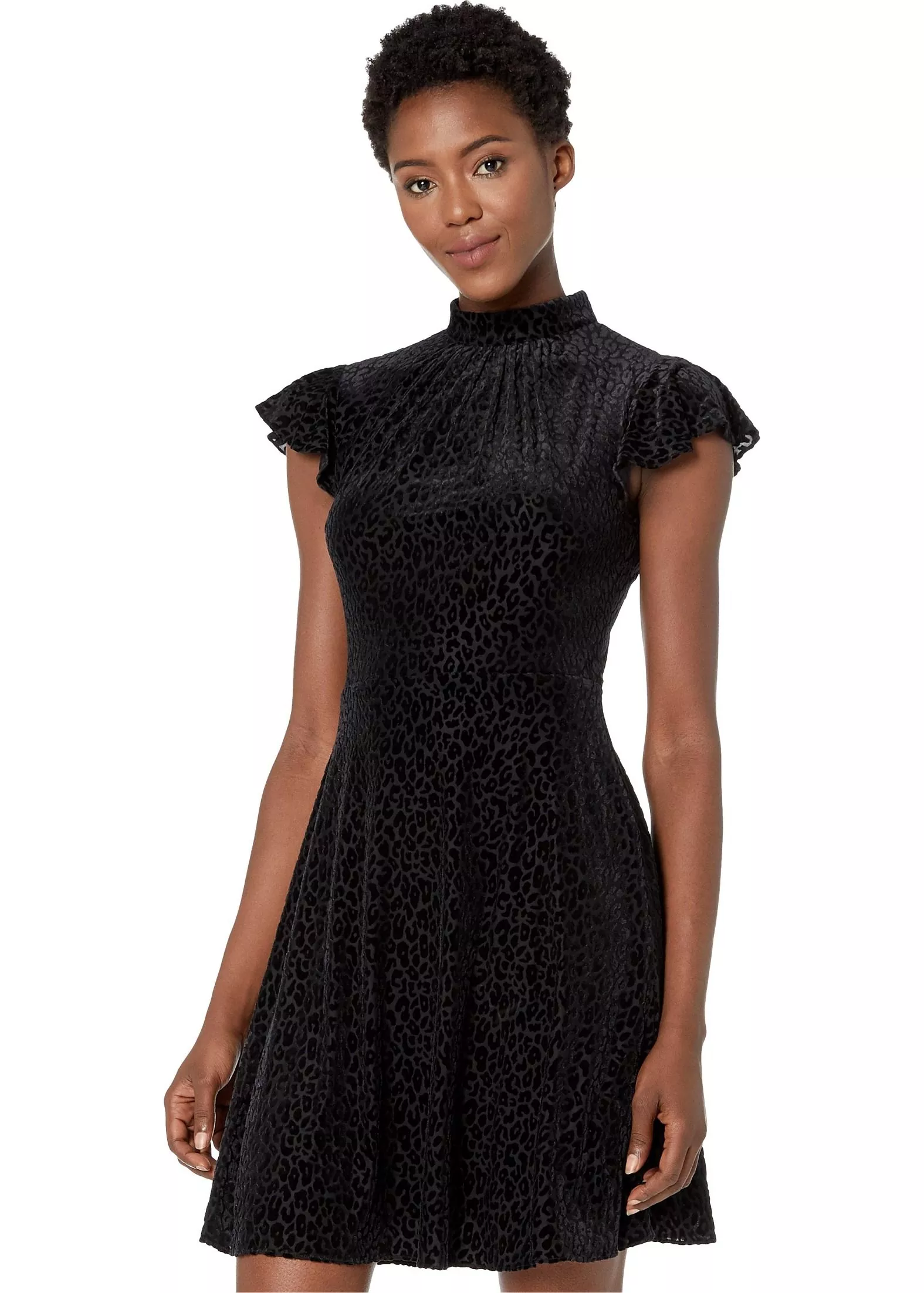 Adrianna Papell Spotted Burnout Fit and Flare Mock Neck Dress Black