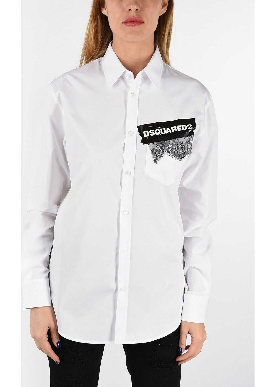 Camasa DSQUARED2 Spread Collar Shirt with Printed Logo WHITE