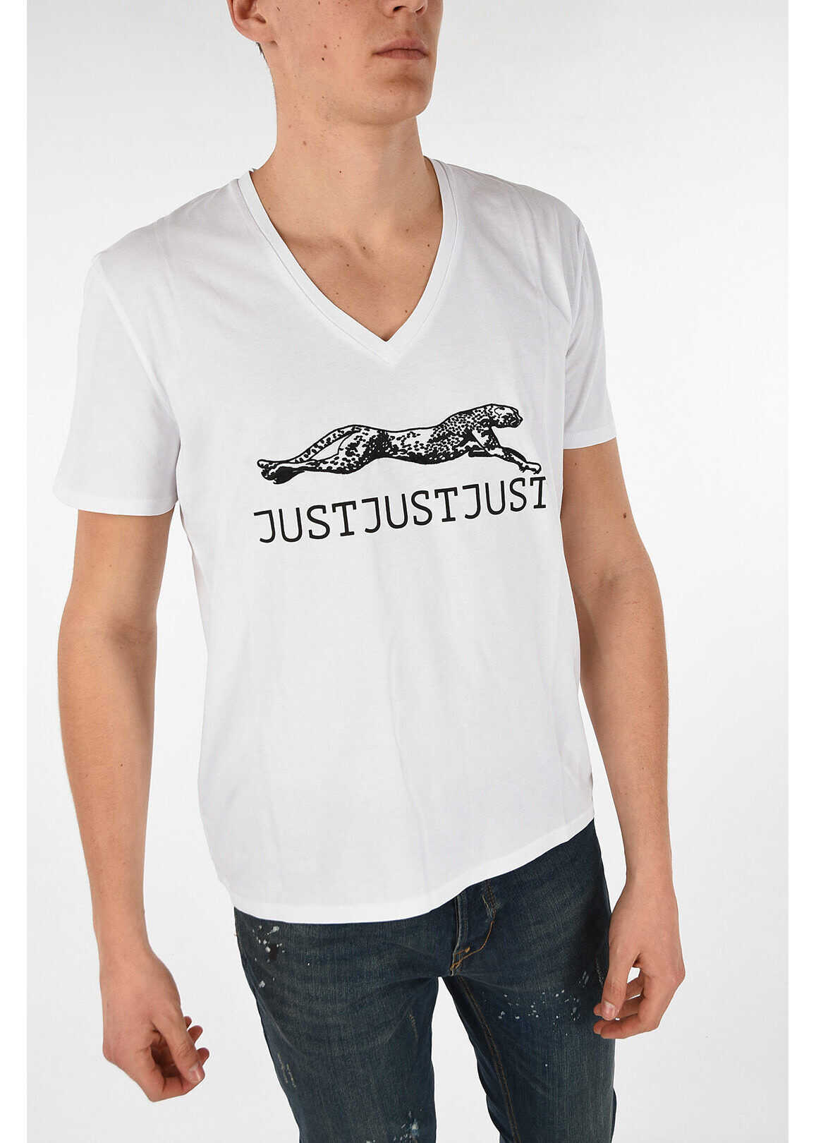 Just Cavalli Ghepard Embroidered V-neck T-shirt WHITE