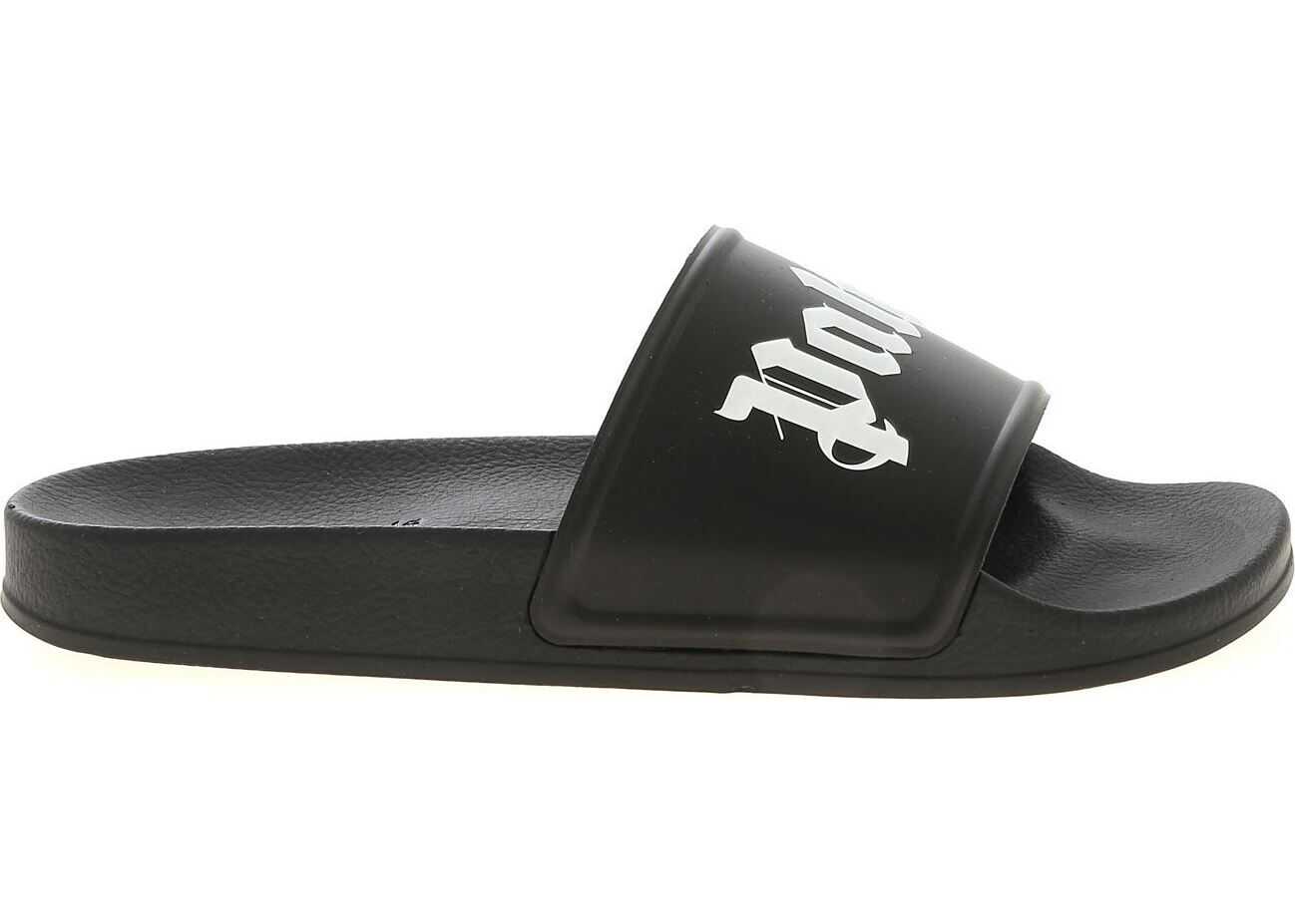 Palm Angels White Logo Slippers In Black Black