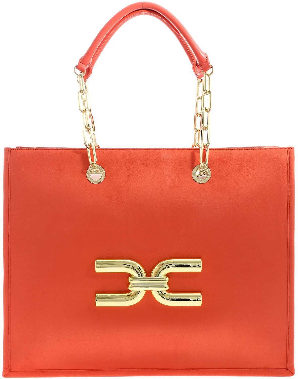 Elisabetta Franchi Golden Logo Shoulder Bag In Coral Color Red