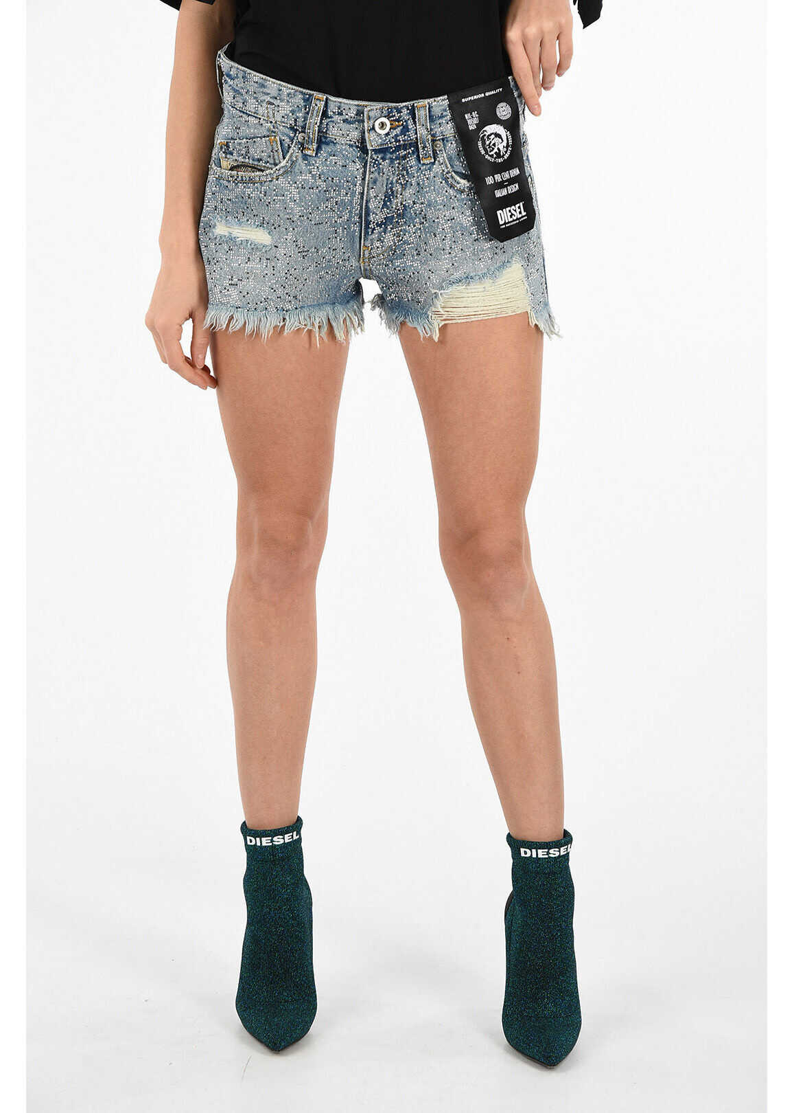 Diesel Rhinestones DE-RIFTY-S Distressed Shorts BLUE