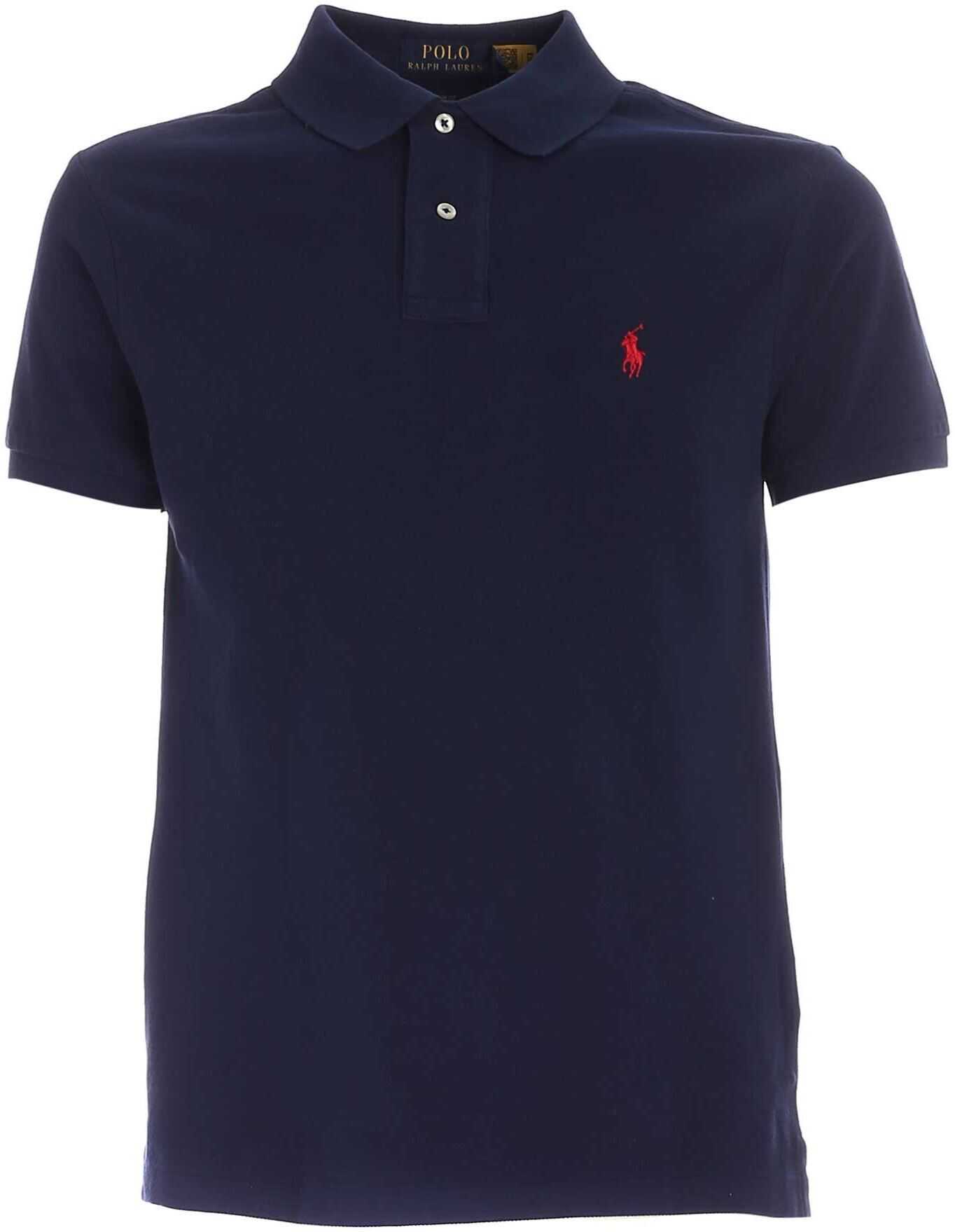 Ralph Lauren Slim Fit Polo Shirt In Blue With Red Logo Blue