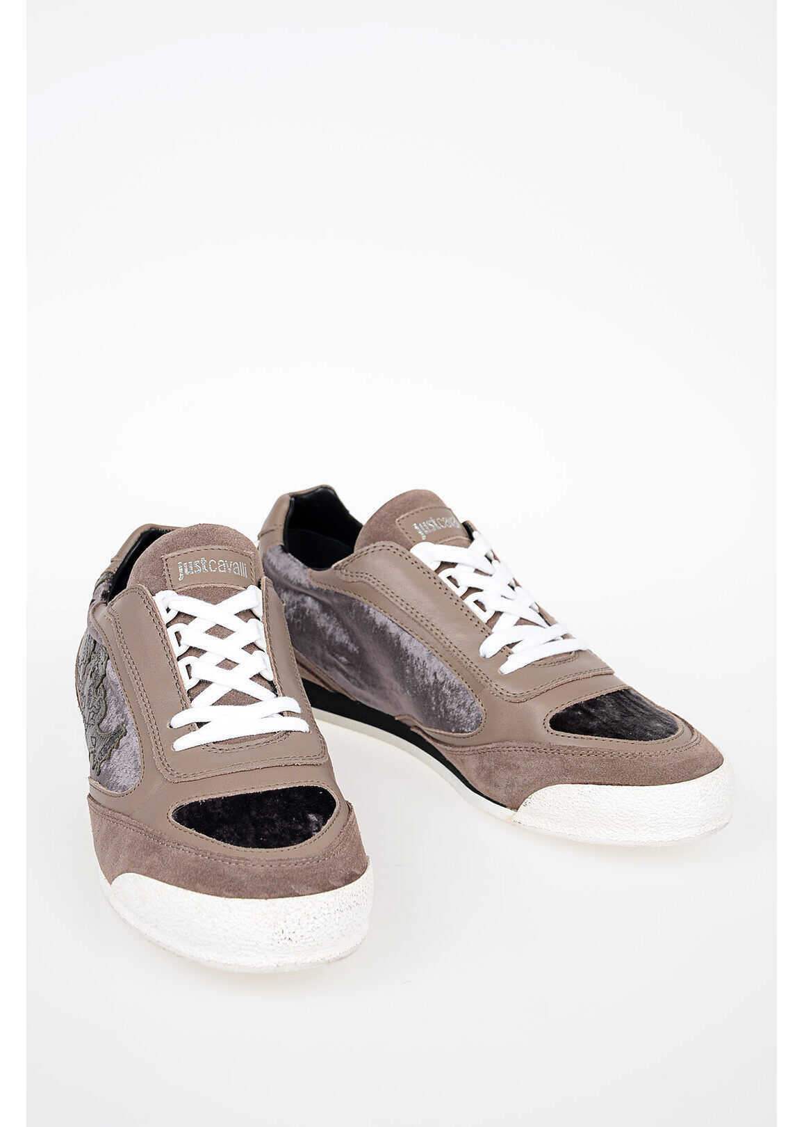 Just Cavalli Leather and Velvet Low Sneakers* BEIGE