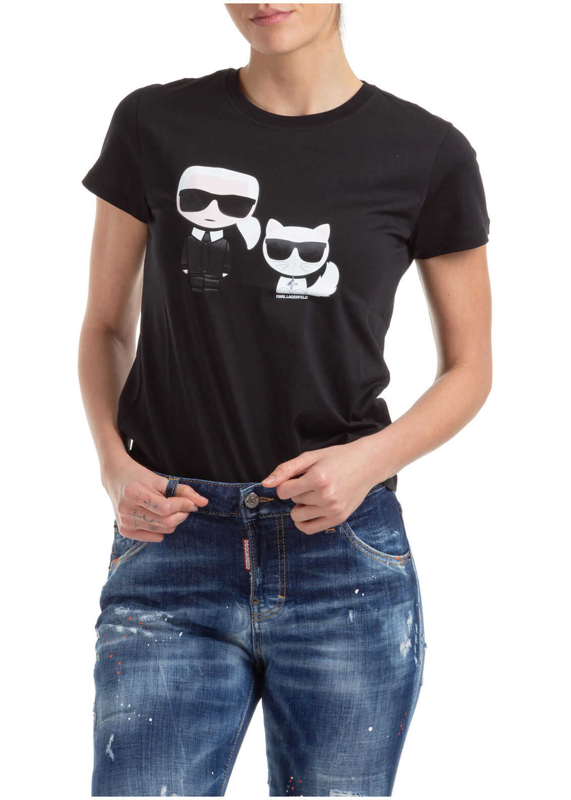 Karl Lagerfeld T-Shirt Short Sleeve Crew Neck Round Ikonik Karl & Choupette Black