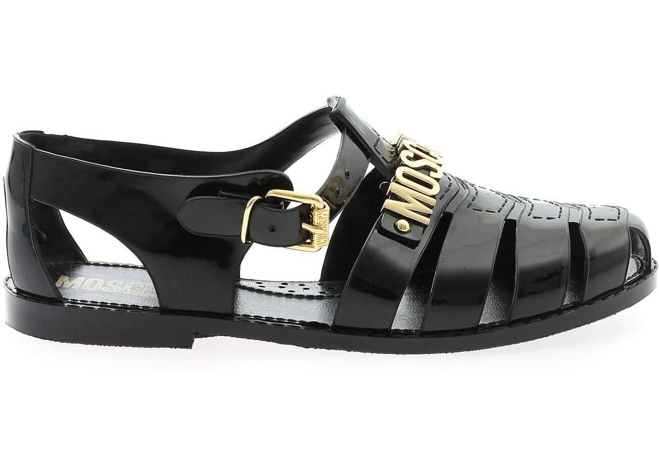 Moschino Jelly Black Sandals With Golden Logo Black