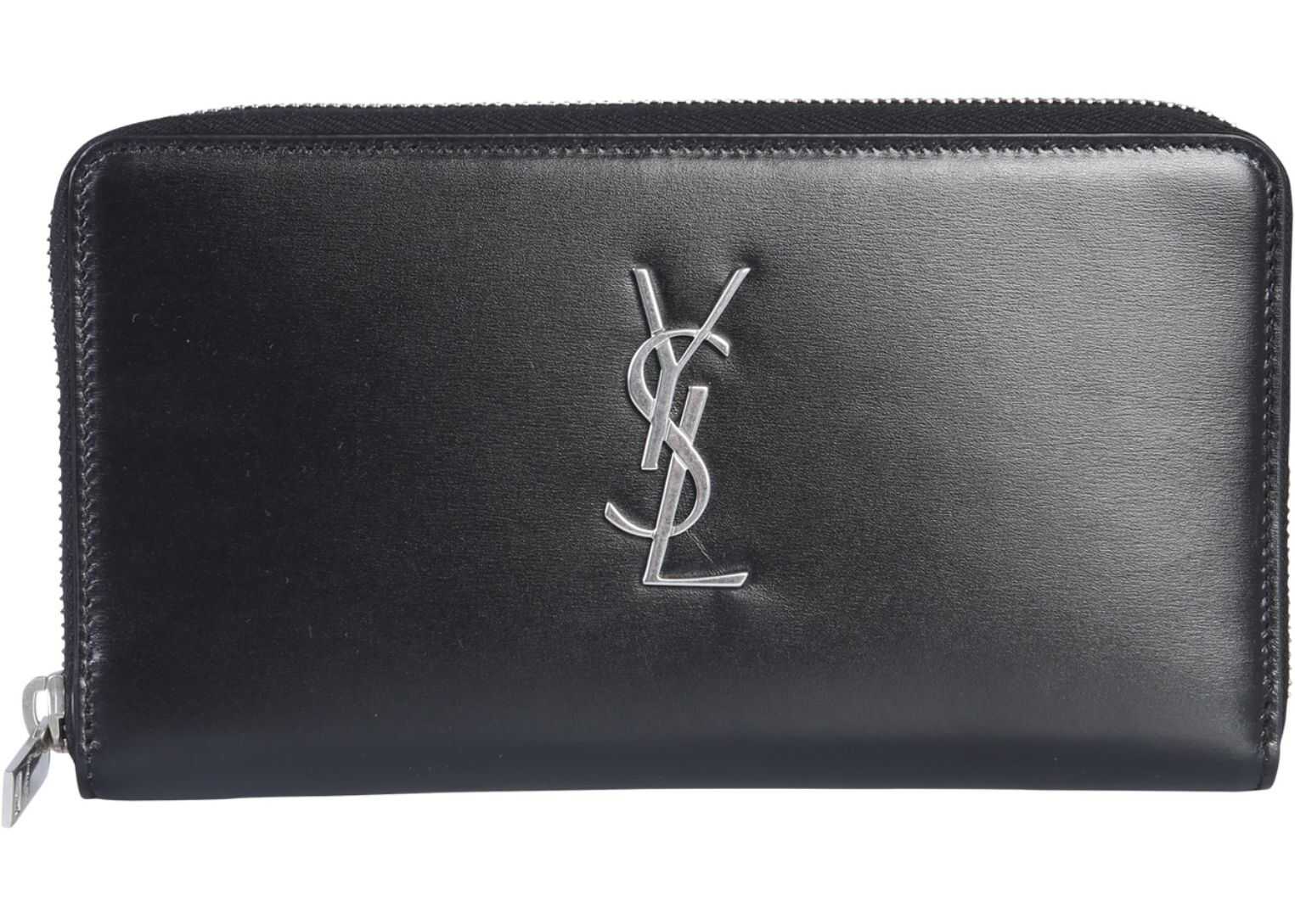 Saint Laurent Large Zip Around Monogram Wallet BLACK