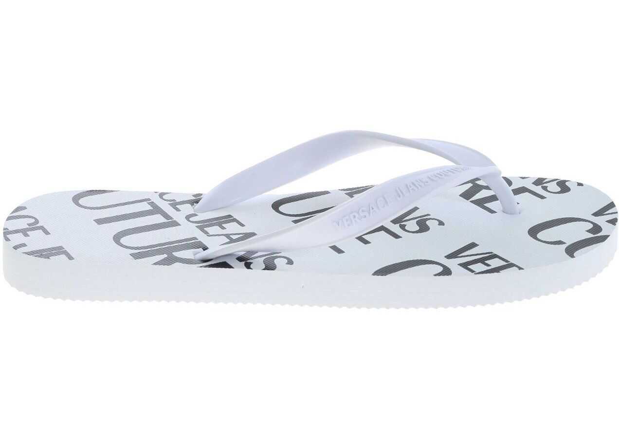 Versace Jeans Couture Flip Flops In White With Black Logo Print White