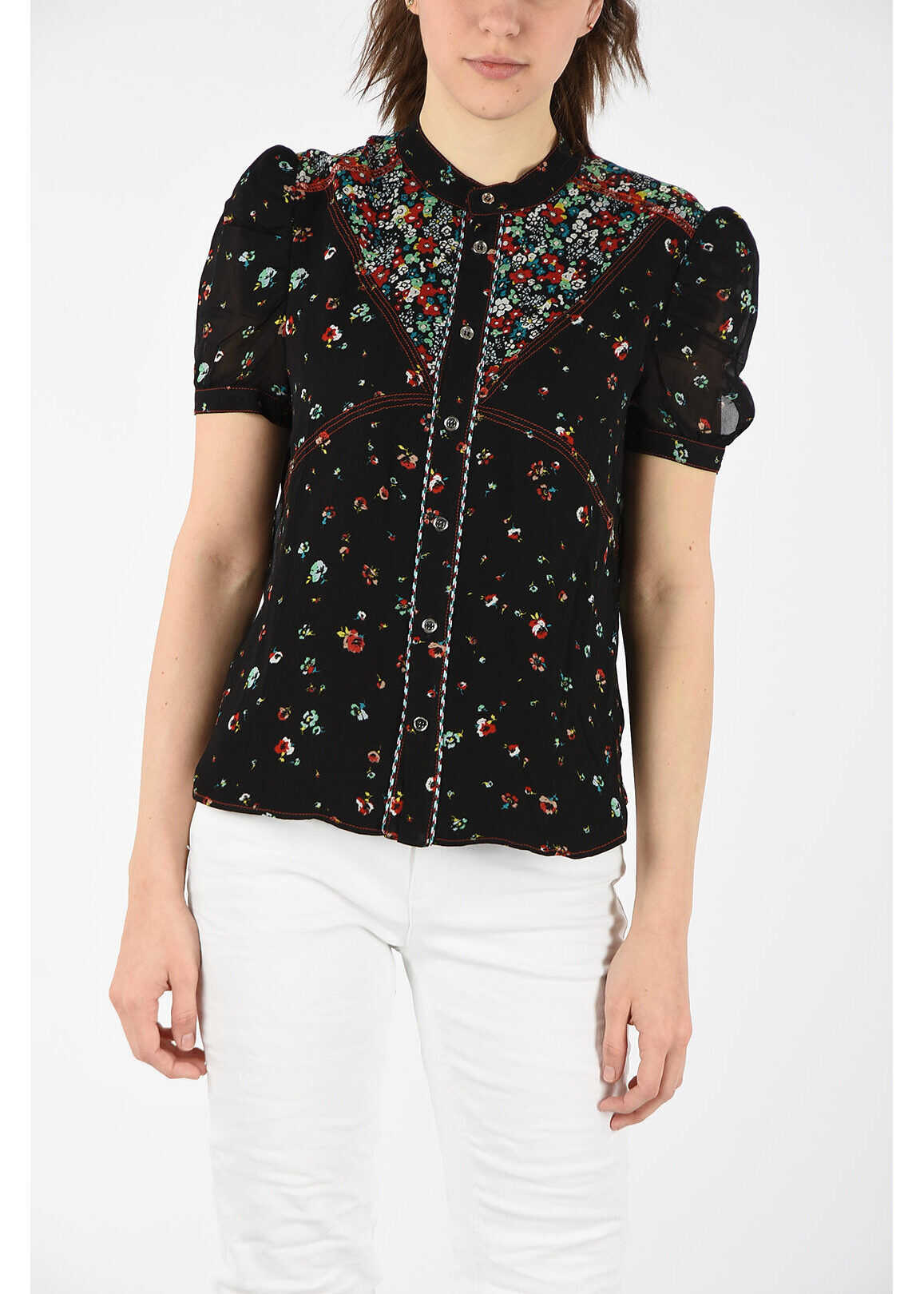 Diesel BLACK GOLD Floral-Print CALENS Blouse with Puffed Sleeve BLACK