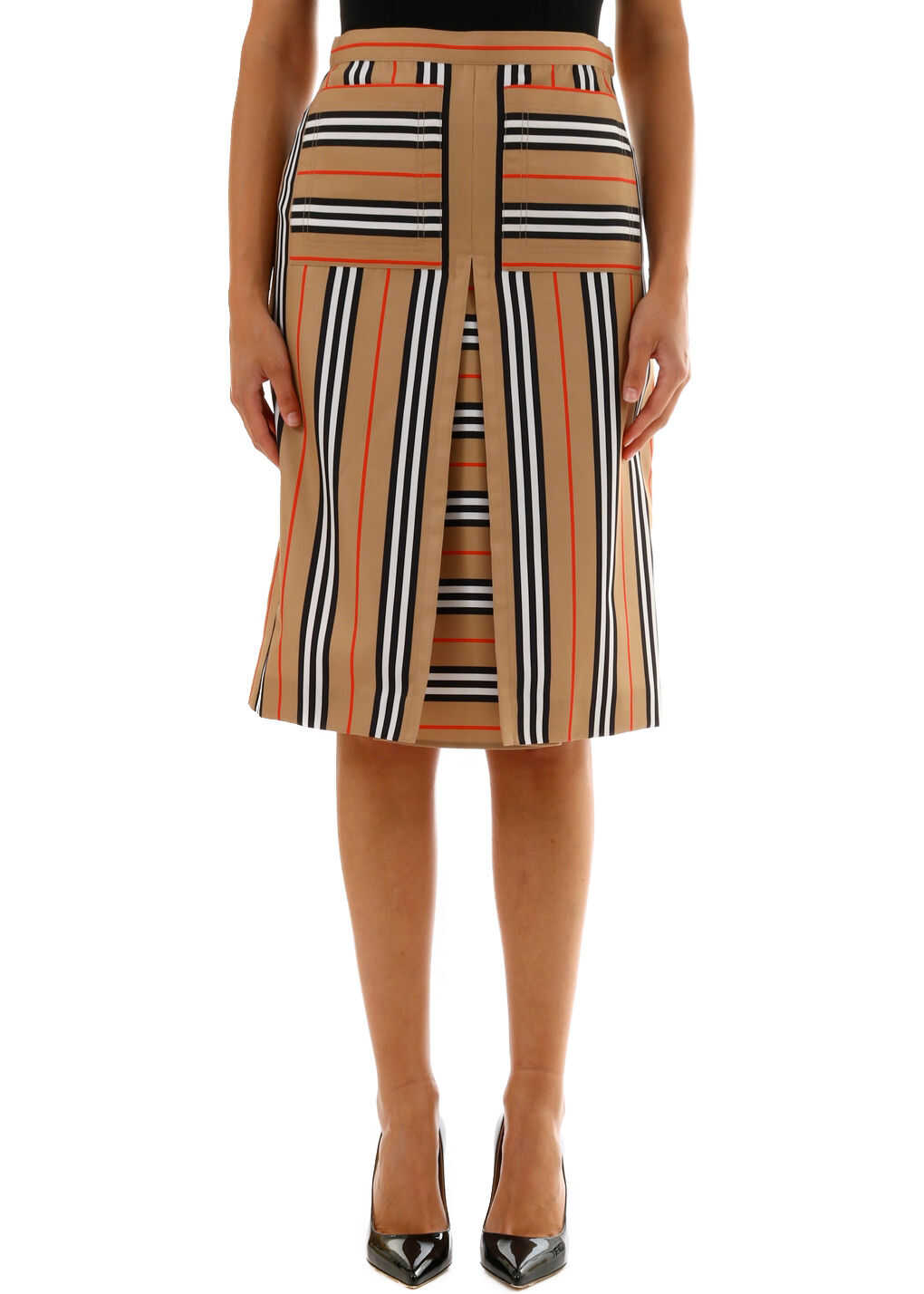 Burberry Flared Skirt Striped Pattern Beige