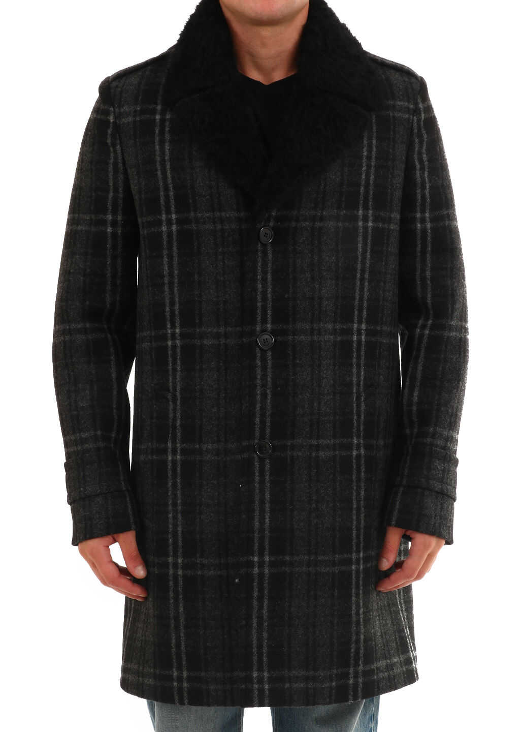 Saint Laurent Wool Coat Faux Fur Collar Black
