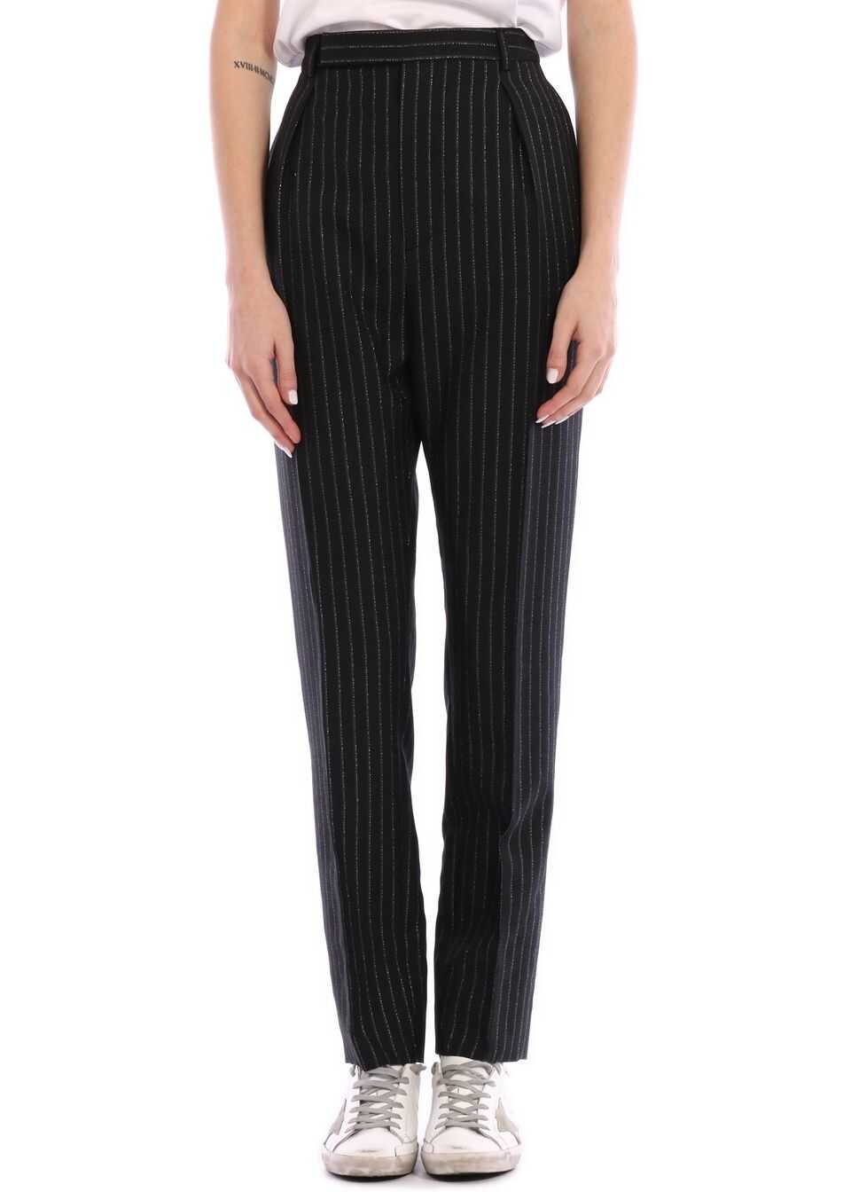 Saint Laurent Pleated Lamè Wool Trousers Black