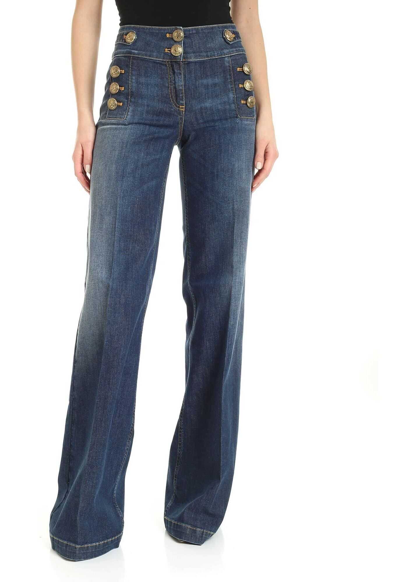 Elisabetta Franchi Decorated Buttons Flared Jeans In Blue* Blue