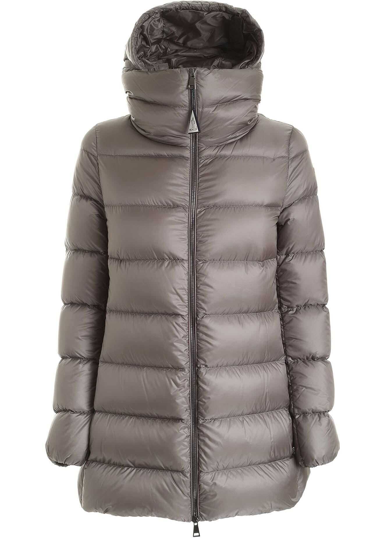 Moncler Ange Long Down Jacket In Grey Featuring Hood Grey