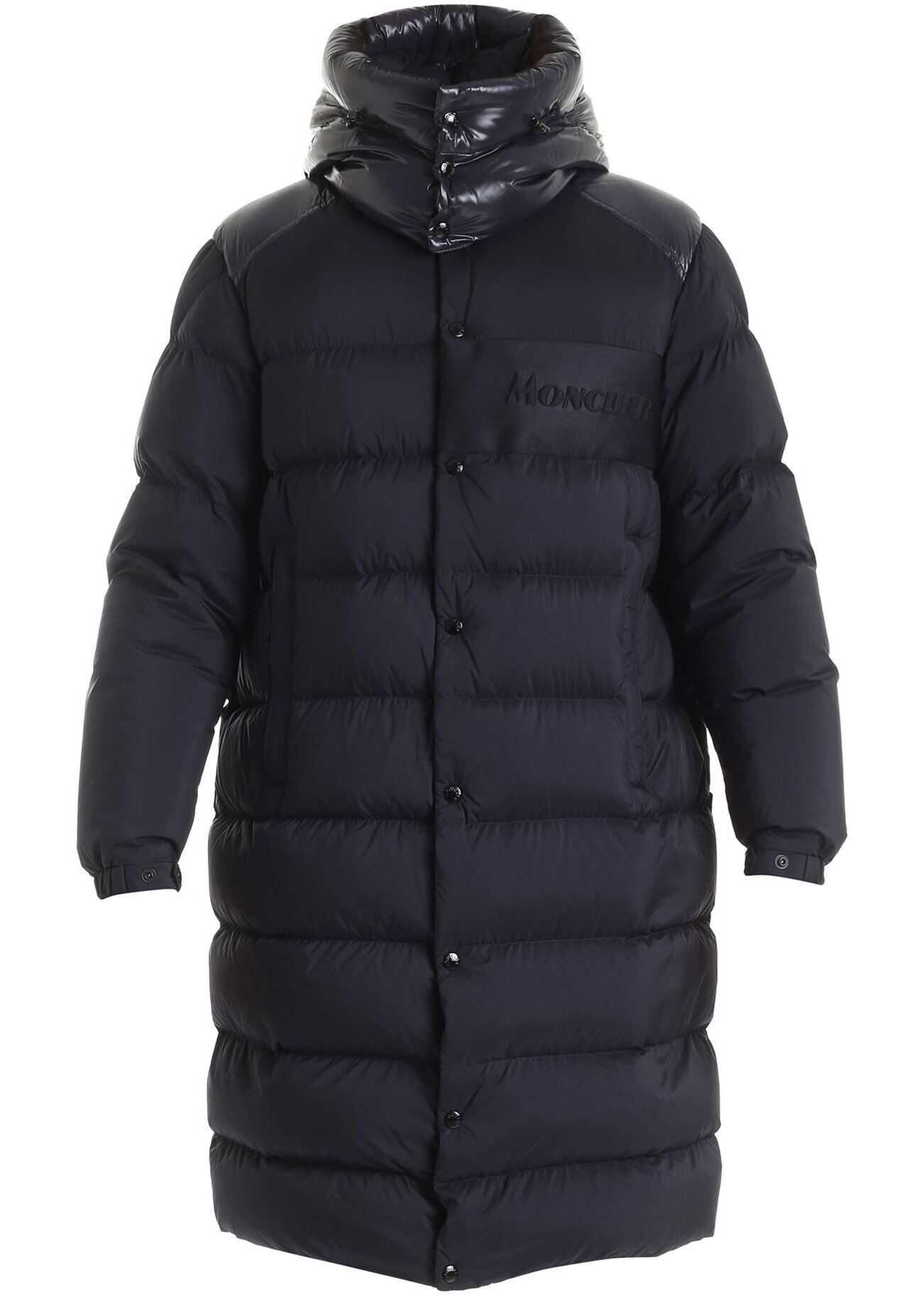 Moncler Autaret Long Down Jacket In Blue Featuring Hood Blue