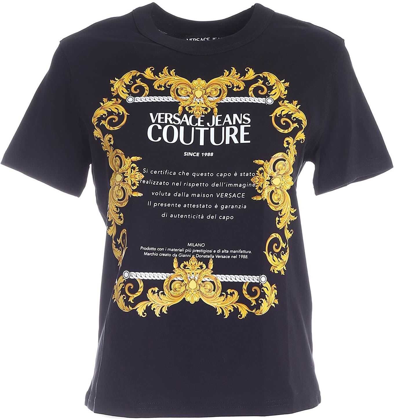 Versace Jeans Couture Gold Baroque Label Print T-Shirt In Black Black