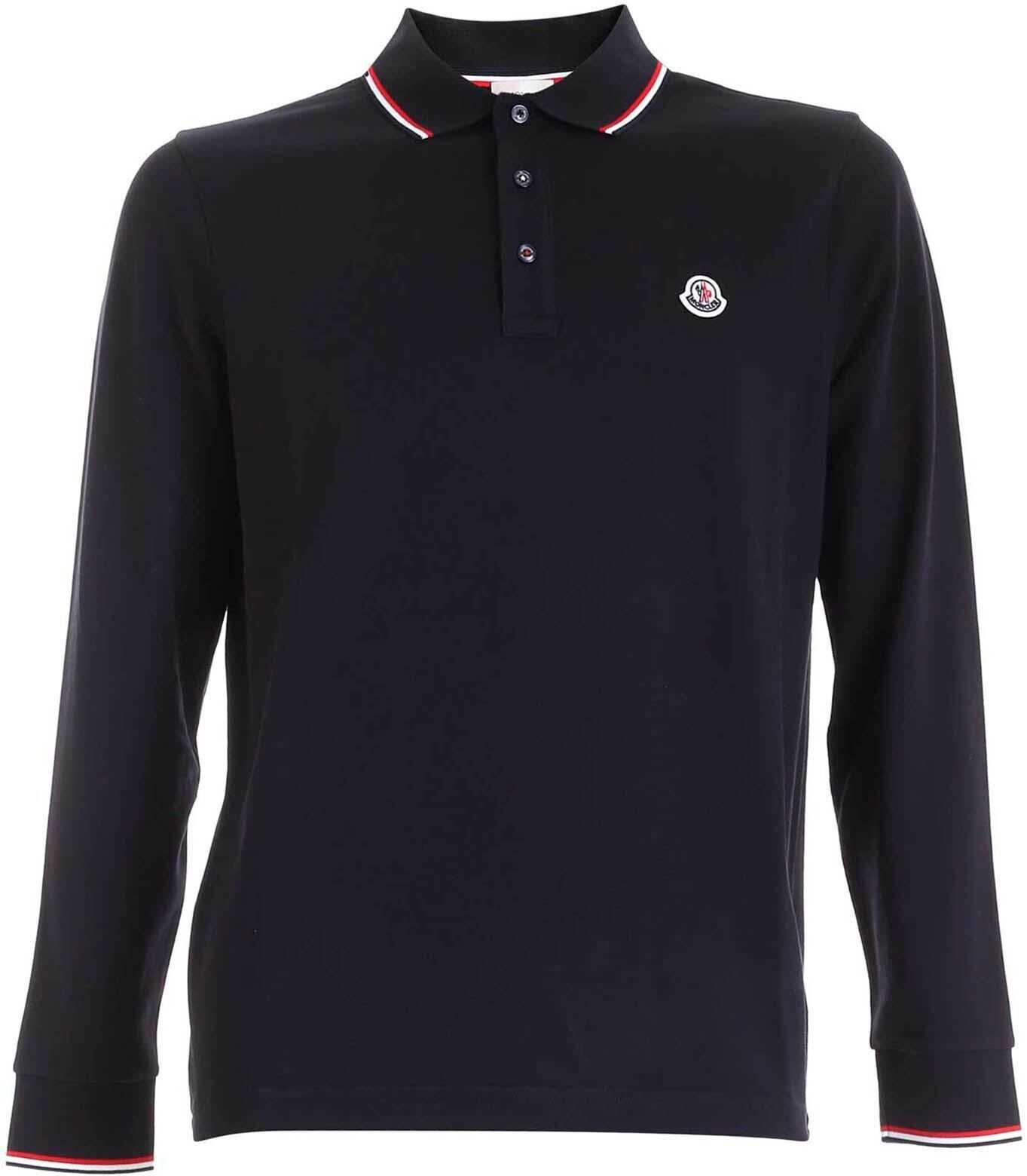 Moncler Logo Patch Long-Sleeves Polo Shirt In Blue Blue