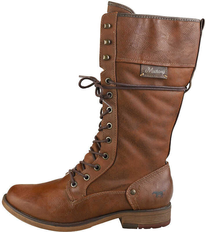 Mustang High Top Side Zip Knee High Boots In Chestnut Brown