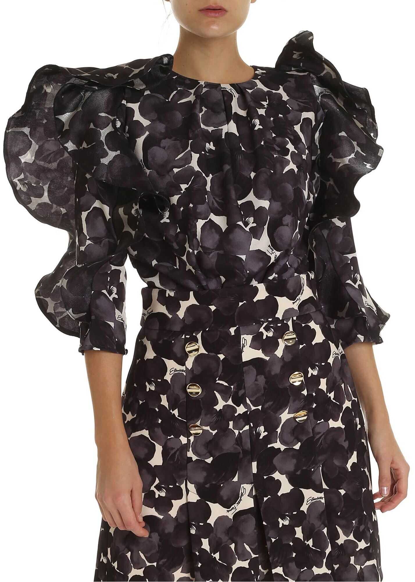 Elisabetta Franchi Floral Print Body With Ruffles In Nude Color* Black