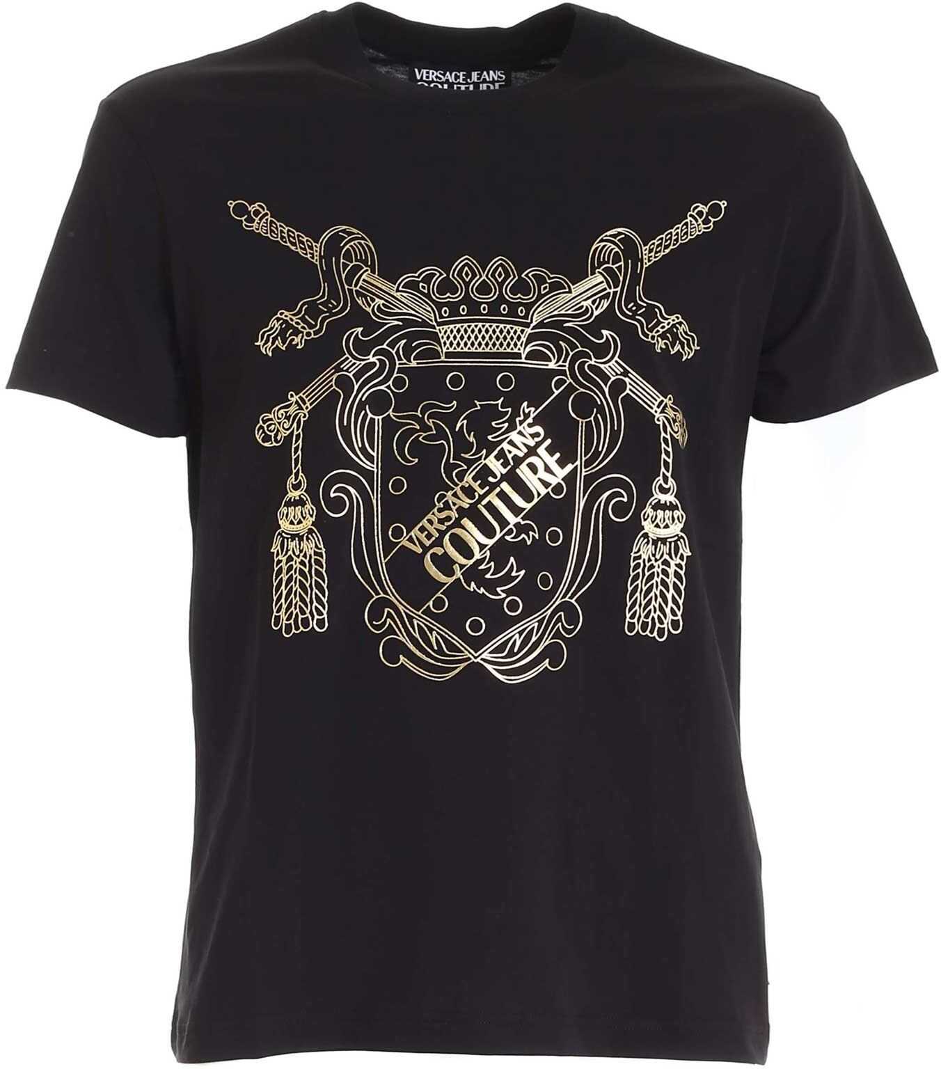 Versace Jeans Couture Gold Laminated Logo Print T-Shirt In Black Black