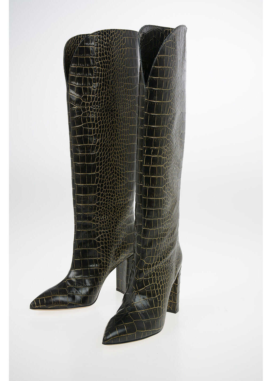 Paris Texas Crocodile Printed Leather Knee High Texan Boots 10cm BLACK