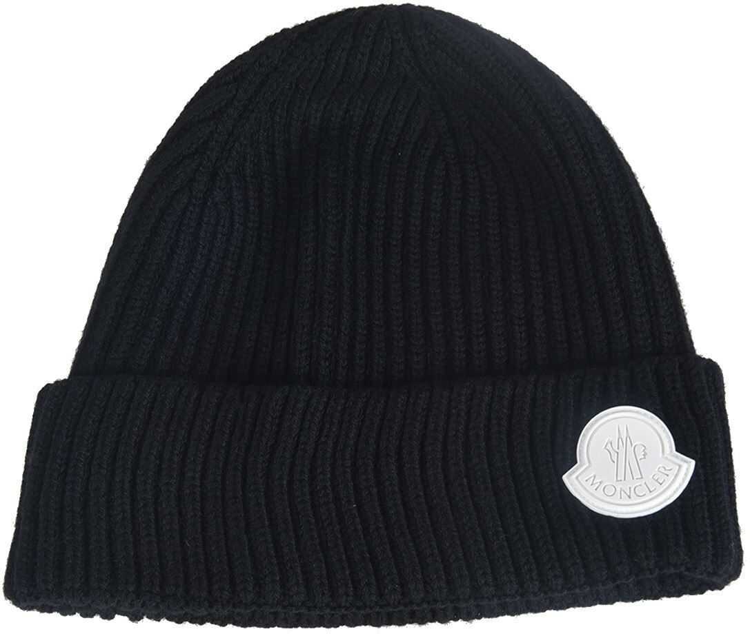 Moncler Kids Beanie In Black With Logo Patch Black