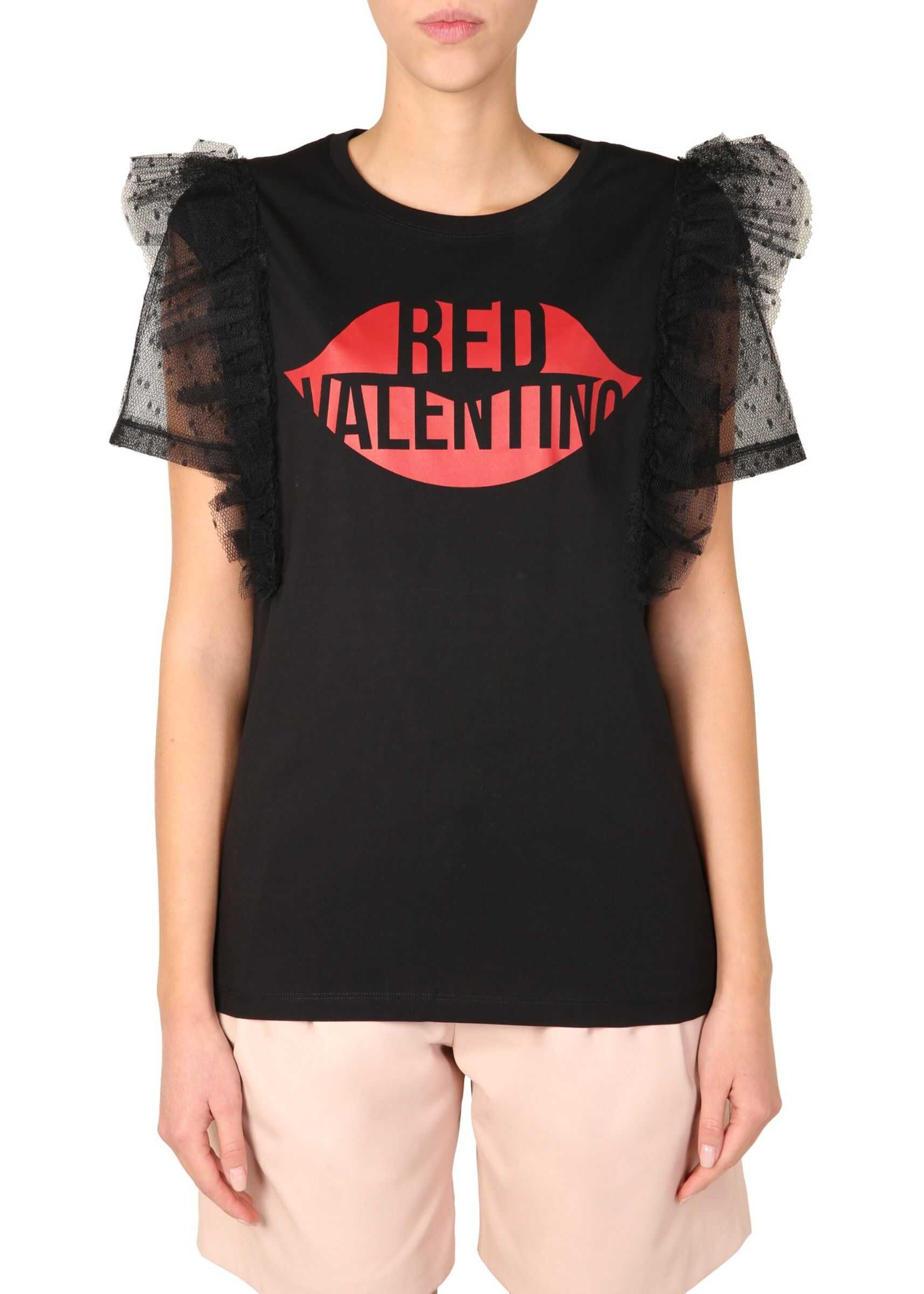 RED VALENTINO T-Shirt With Tulle Point D\'esprit Sleevess BLACK
