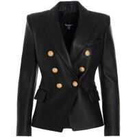 Geci de piele Gold Buttons Leather Blazer In Black Femei