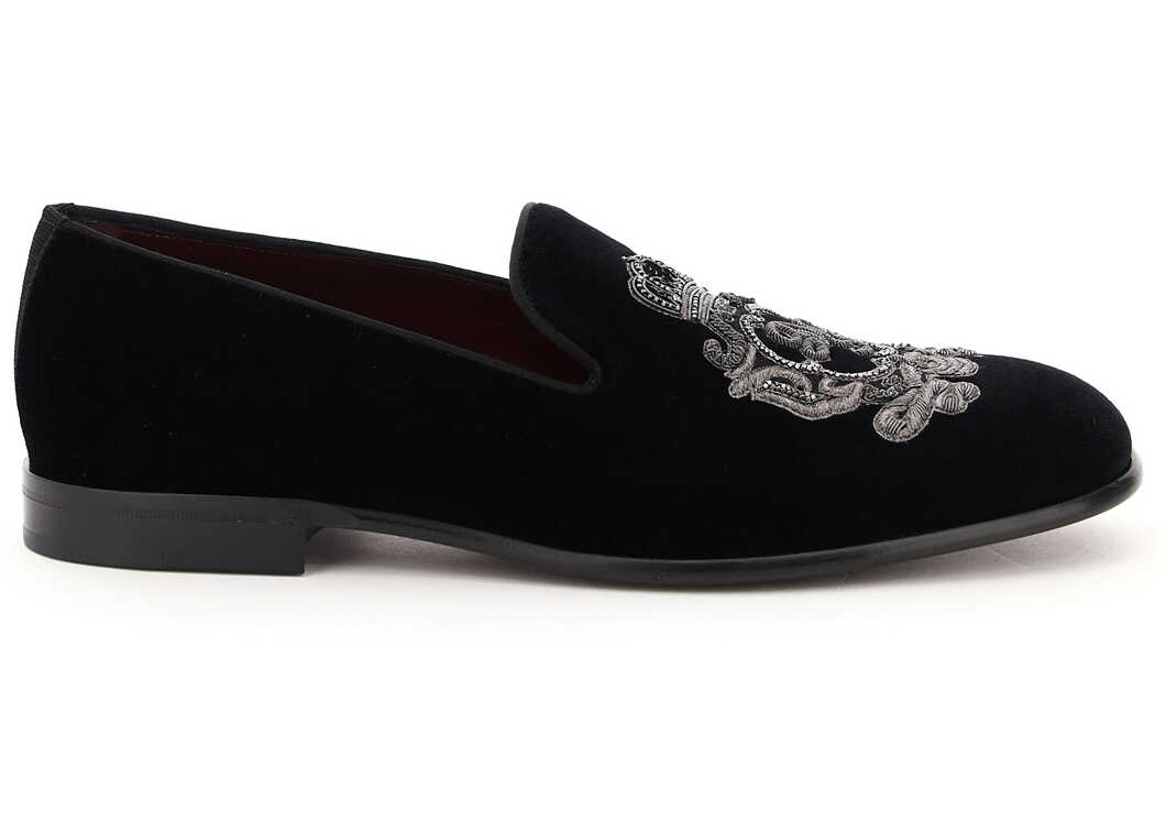 Dolce & Gabbana Leonardo Velvet Slippers Dg Coat Of Arms NERO ARGENTO