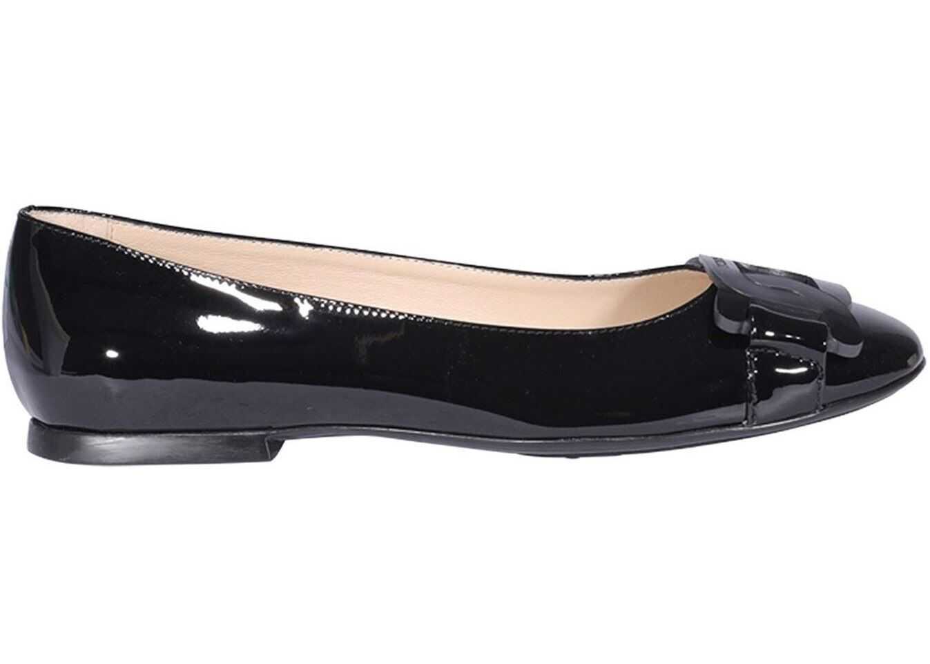 TOD\'S Chain Trim Patent Leather Flats In Black Black