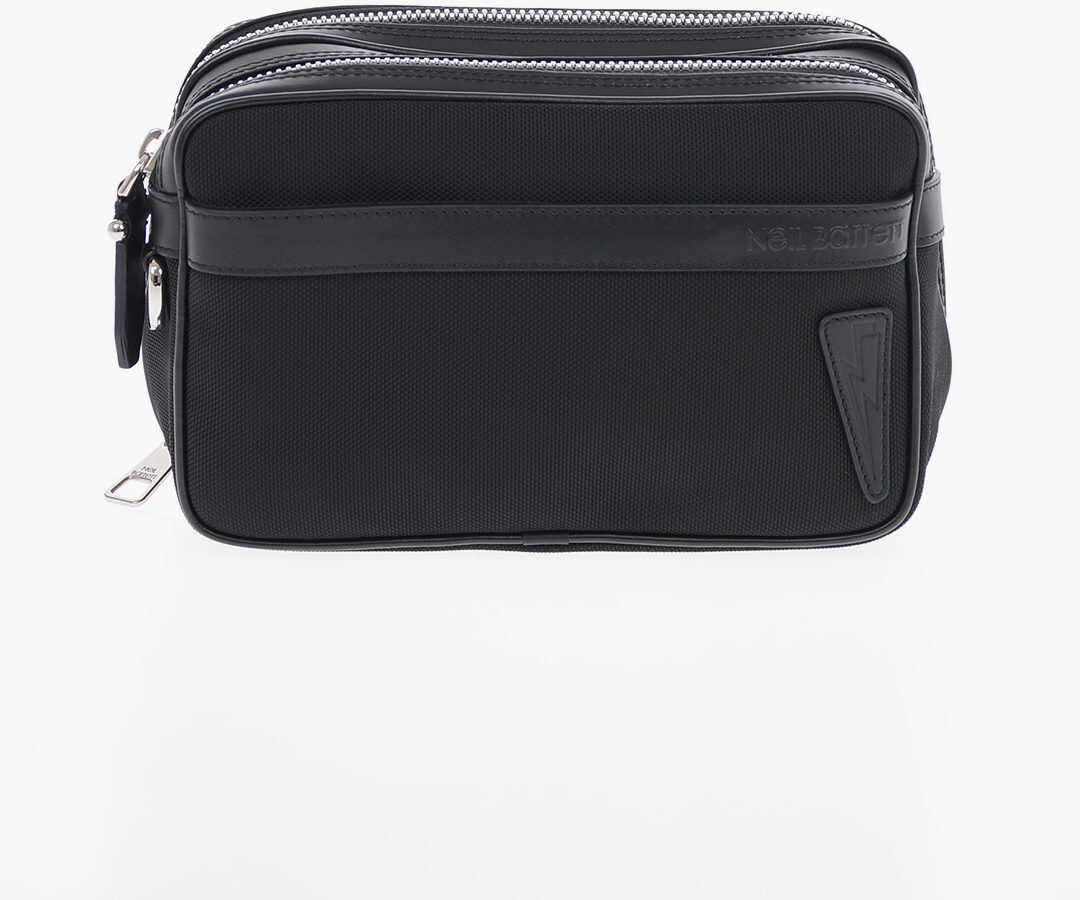 Neil Barrett Textile Ballistic Pierced Toiletry Bag With Leather Trimming Black