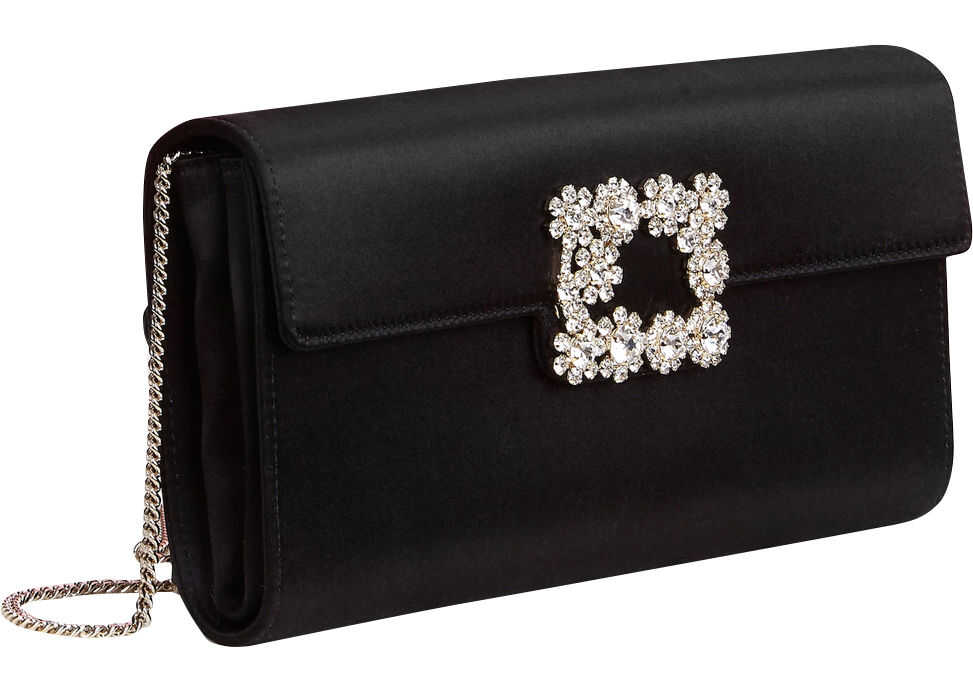 Roger Vivier Flower Buckle Satin Clutch Bag Black