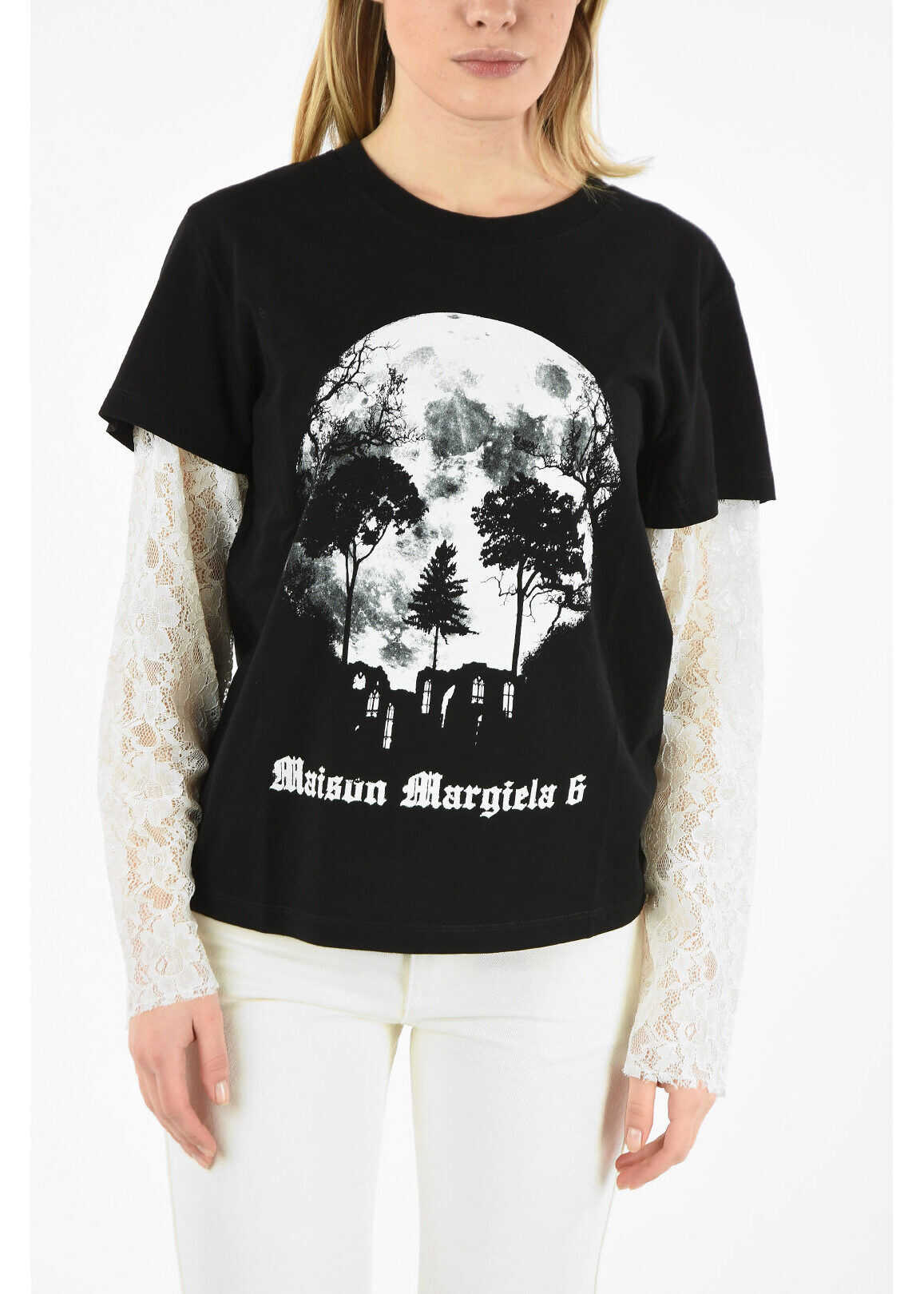 Maison Margiela MM6 PRINTED T-SHIRT FEATURING LACE SLEEVES BLACK