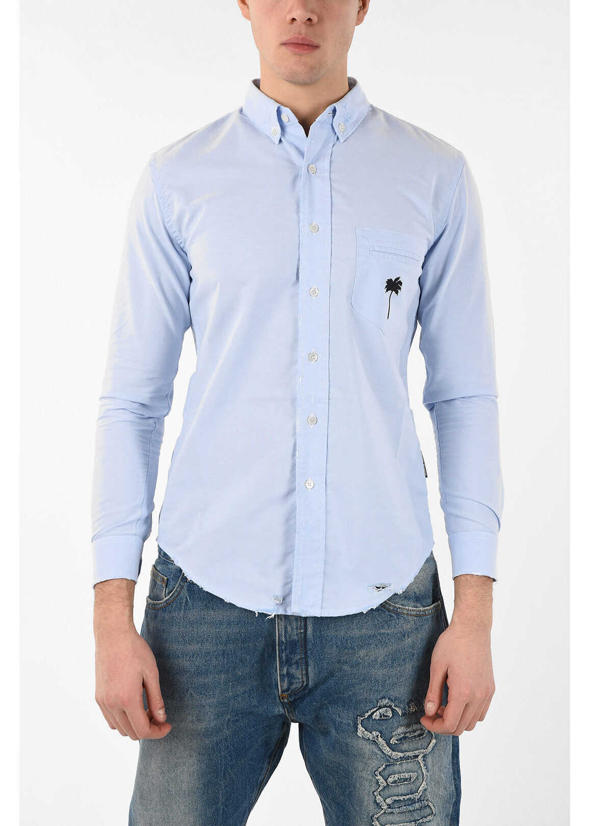 Palm Angels Distressed Button-Down PXP RIPPED OXFORD Shirt LIGHT BLUE