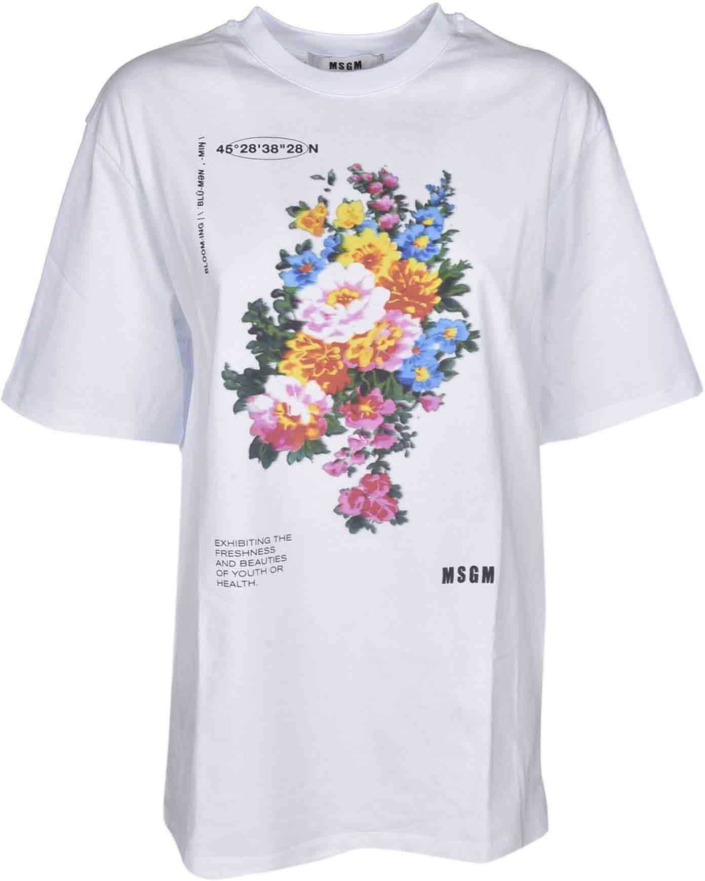 MSGM Floral Print Oversize T-Shirt In White 3041MDM16121729801 White