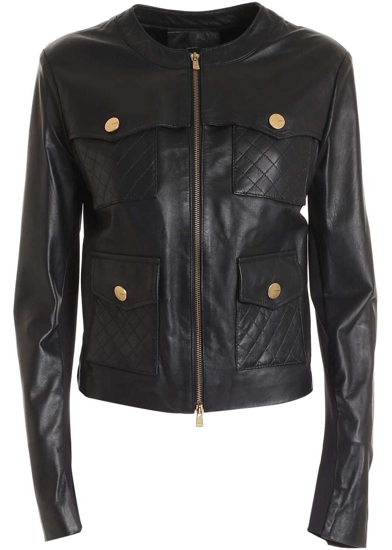 Pinko Leather Jacket In Black Black