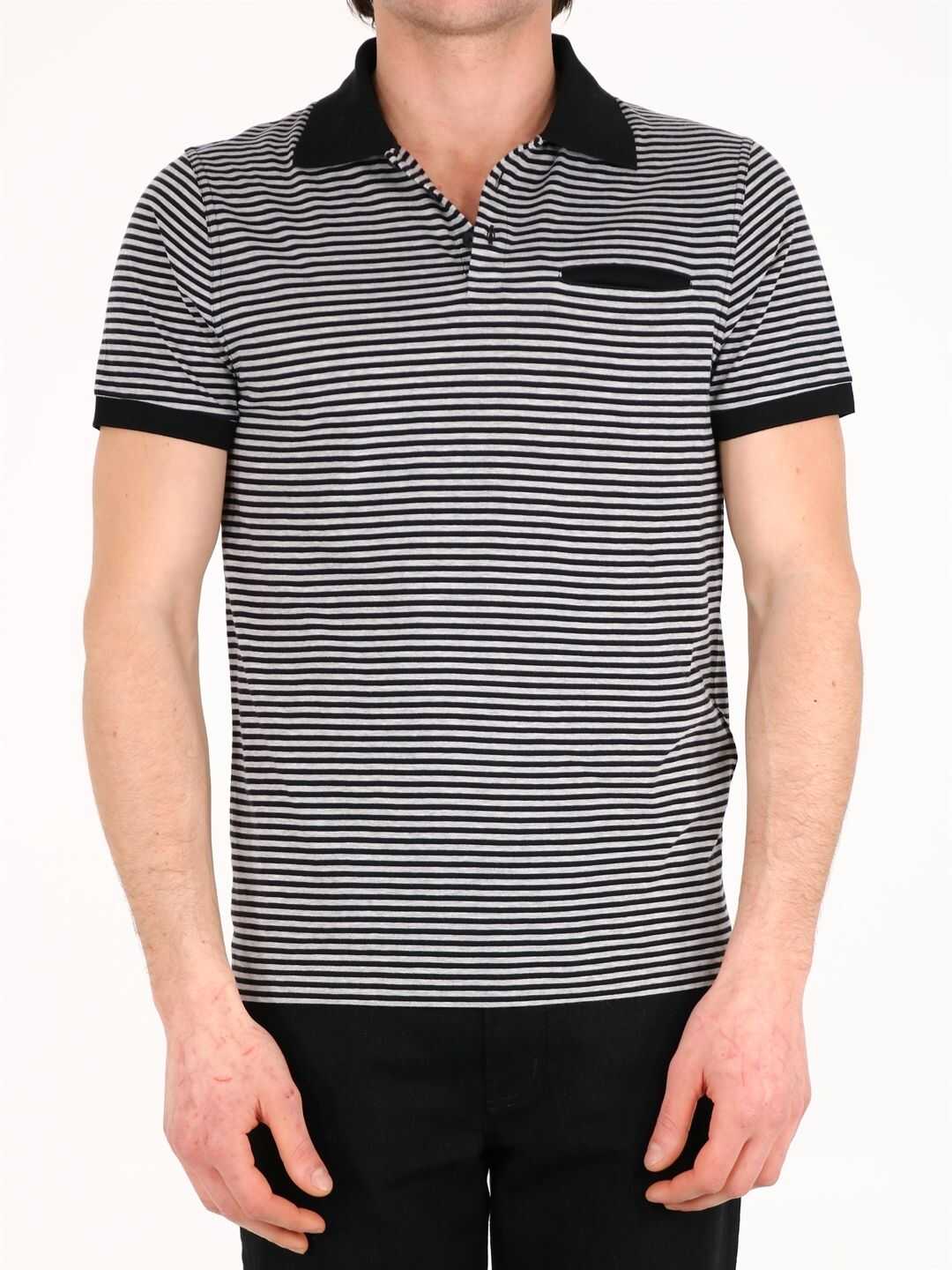 Saint Laurent Striped Cotton Polo Shirt Black