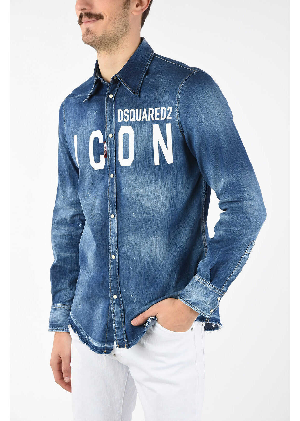 DSQUARED2 ICON Snap Button Stone Washed Denim Shirt BLUE