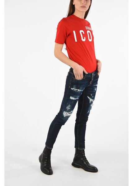 Blugi drepti DSQUARED2 Distressed Cropped Jennifer Jeans Blue Femei (BM 8212741) 4