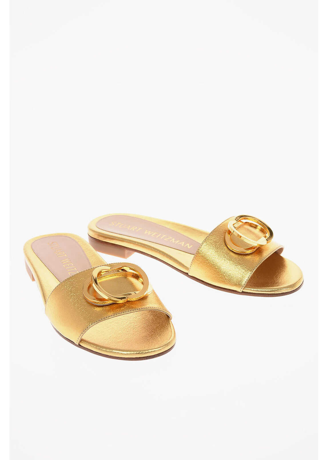 Stuart Weitzman Metallic Soft Leather Caicos Slippers With Jewel Application Gold