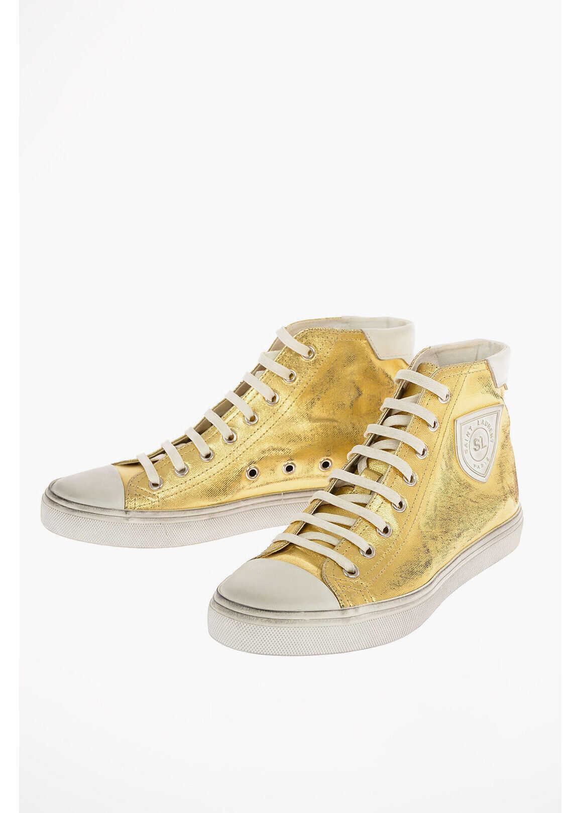 Saint Laurent Metallic Denim BEDFORD High Top Sneakers GOLD