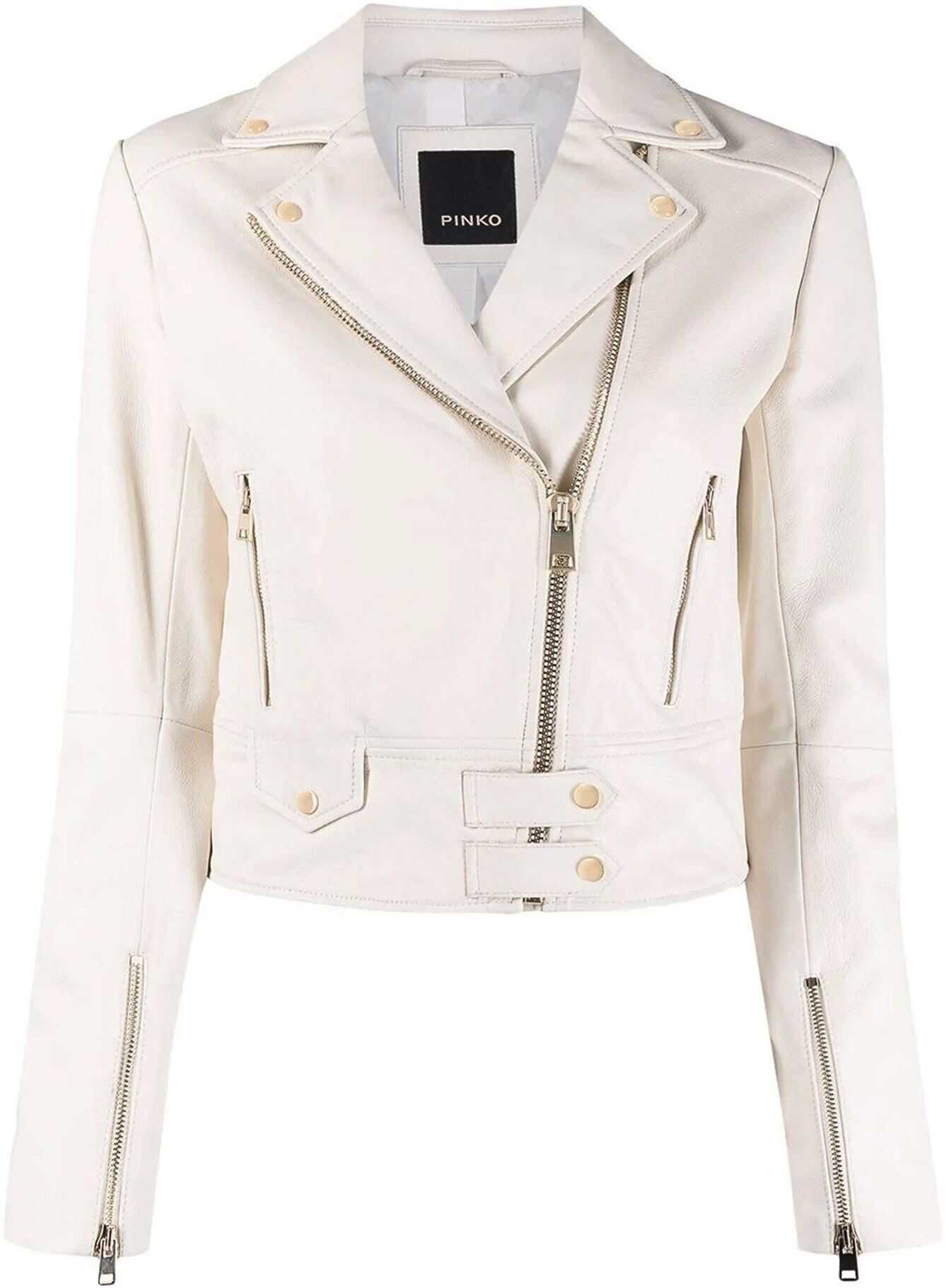 Pinko Sensibile 7 Leather Biker Jacket 1G15MKY6WLZ14 White