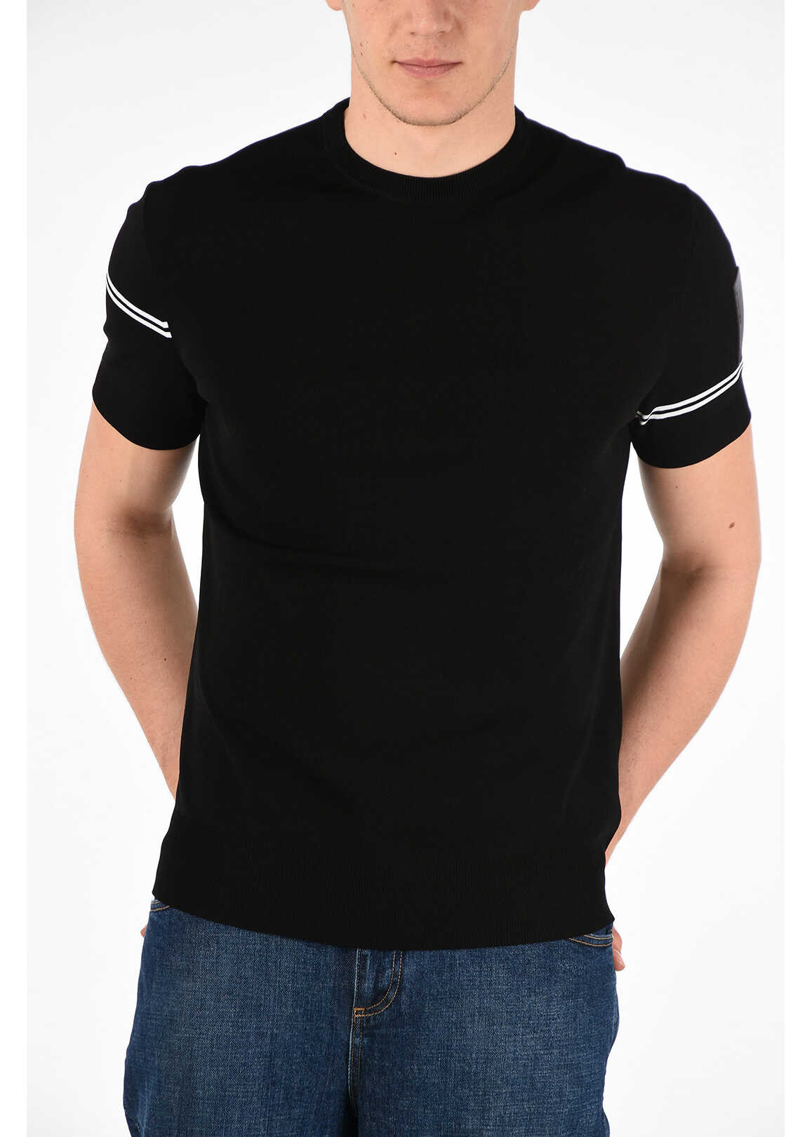 Neil Barrett Short Sleeve OFF-CENTERED STRIPE Slim Fit Sweater BLACK