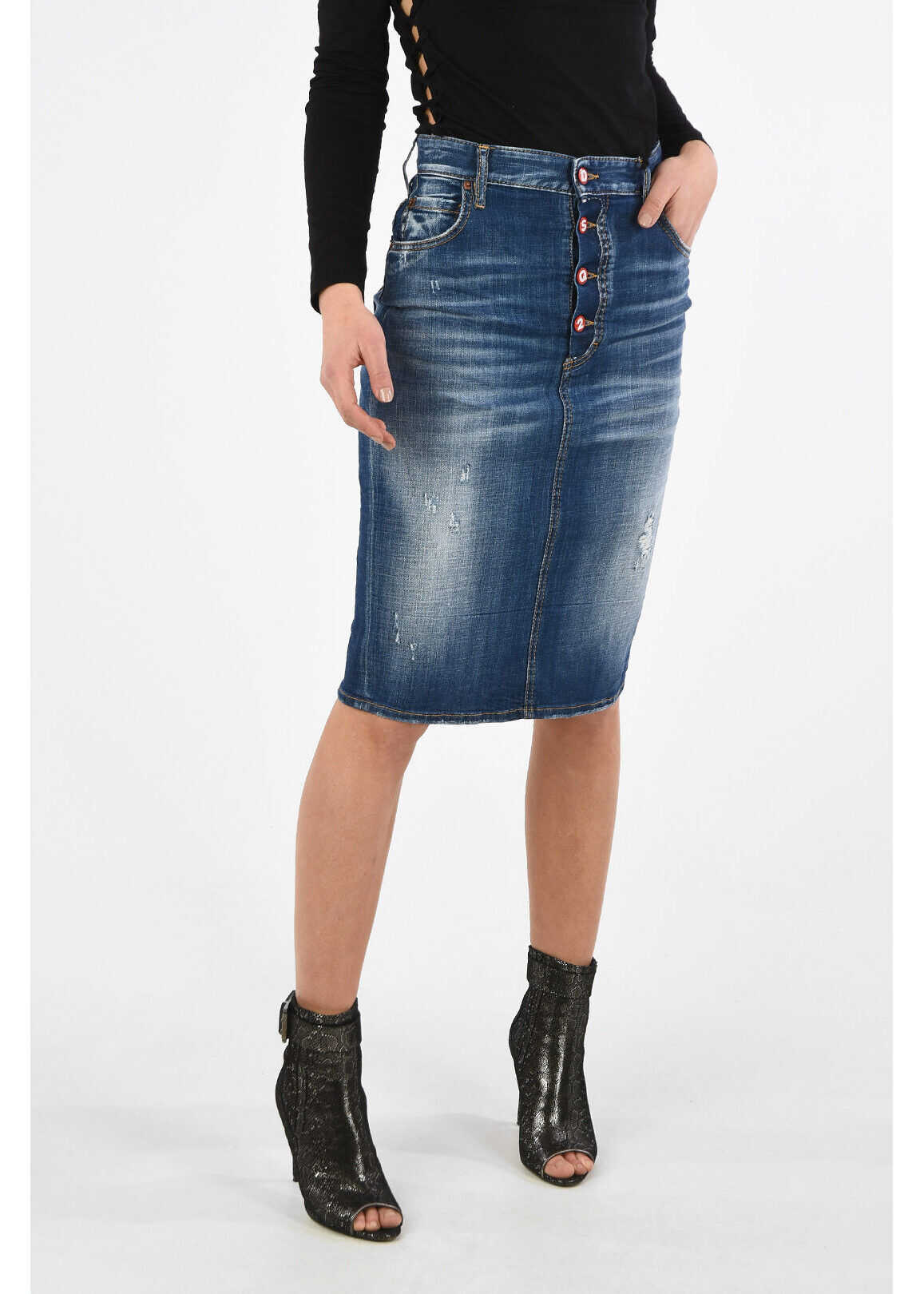 DSQUARED2 Distressed Denim Longuette DALMA Skirt* BLUE