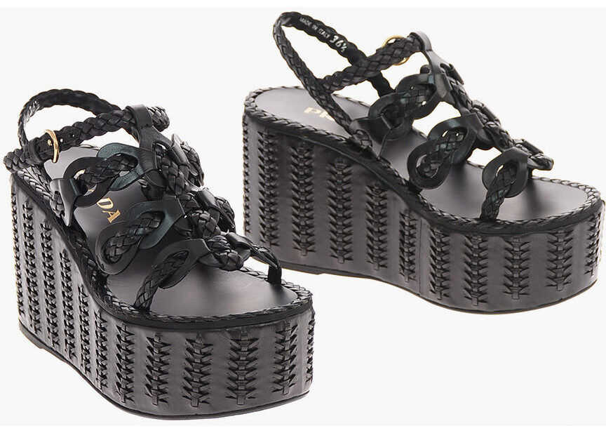 Prada Braided Leather Platform Sandals Black