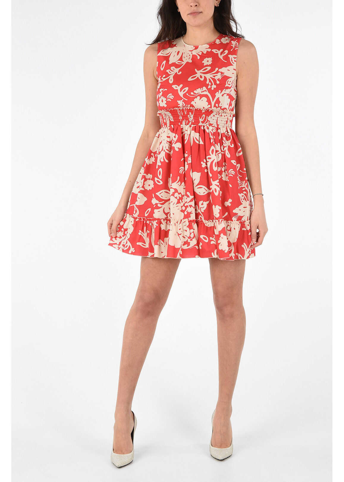 RED VALENTINO Floral Cotton A-Line Dress With Elastic Waist Band Red