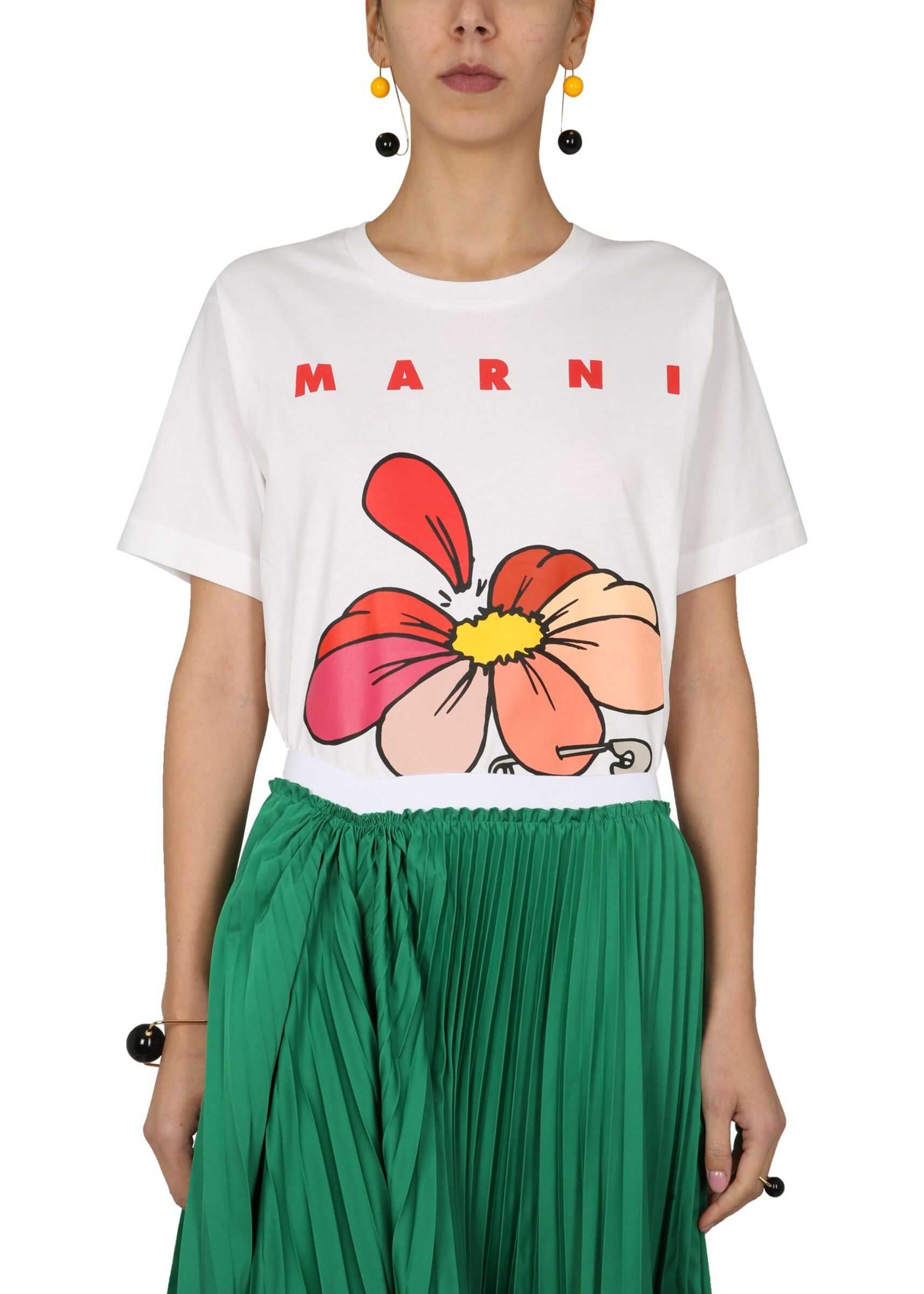 Marni T-Shirt With Flower Print THJEL32EPT_USCR1400W01 WHITE b-mall.ro imagine 2022