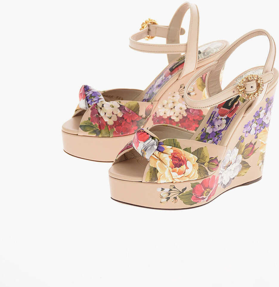 Dolce & Gabbana Floral Leather Bianca Sandals With Platform Sole 12 Cm Beige